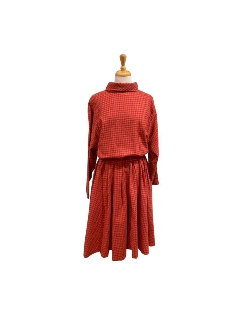 Vntg 60’s Women's homemade Long Sleeve wool Dress pink & Orange Gingham Volup